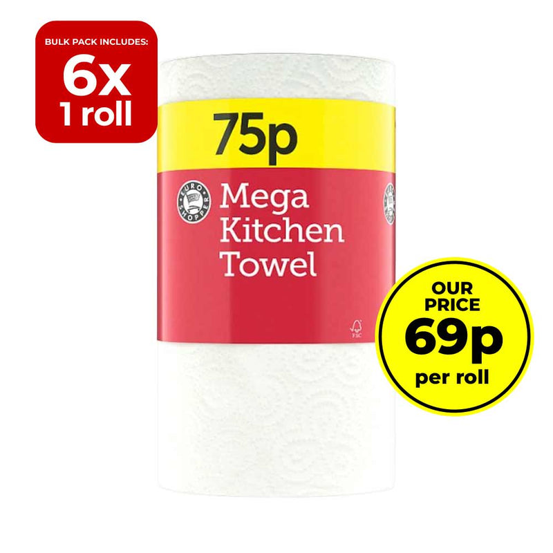 6 Pack Euro Shopper Mega Kitchen Towel Single Roll